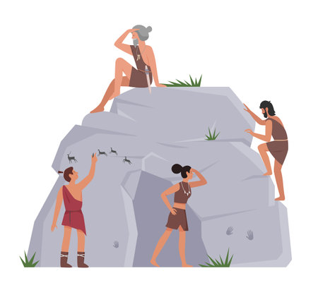 Stone age people. Primitive people on big rock, ancient lifestyle vector illustrationのイラスト素材