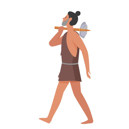 Ancient man with handmade hammer. Stone age people and lifestyle vector illustrationのイラスト素材