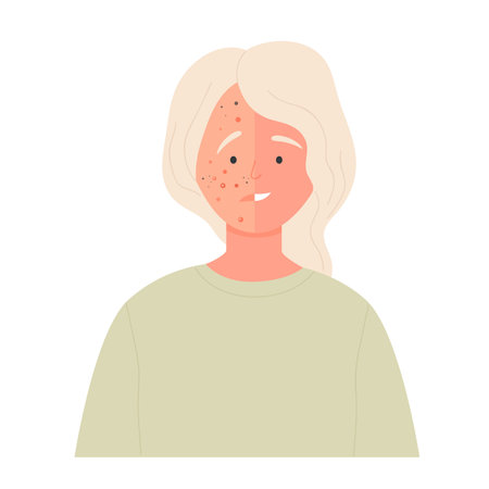 Acne face before and after treatment. Sad girl with dermis problems and clean treated skin flat vector illustrationのイラスト素材