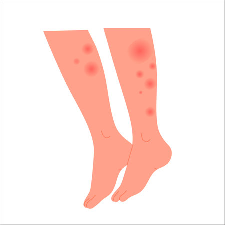 Human legs covered with red rash. Feet with allergic reaction, skin irritation flat vector illustrationのイラスト素材