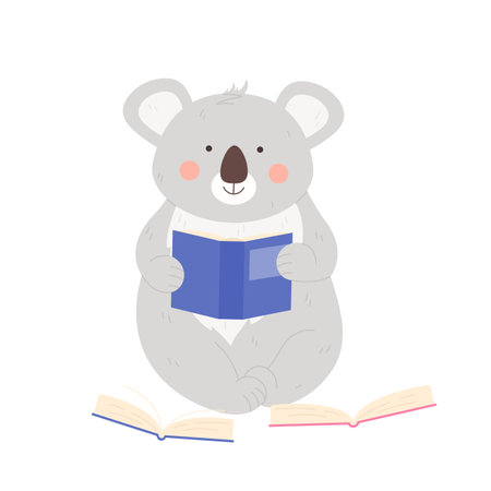 Cute grey koala bear reading books. Wild exotic animal learning skills, zoo library cartoon vector illustrationのイラスト素材
