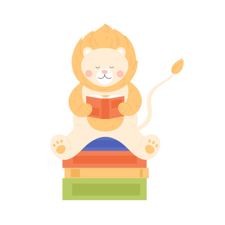 Cute lion sitting on book pile and reading. King of animals reading story book cartoon vector illustrationのイラスト素材