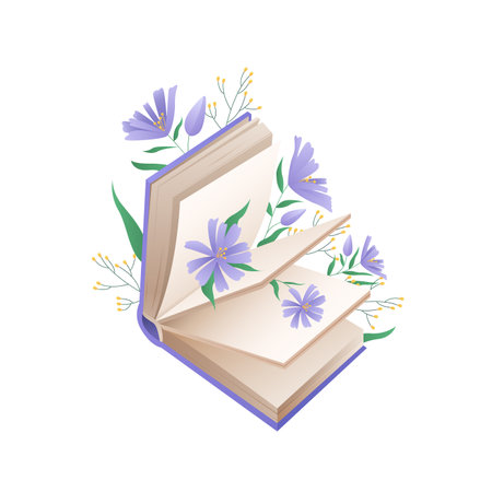 Open book with purple and yellow flowers. Blooming story book, literature and bookstore vector illustrationのイラスト素材