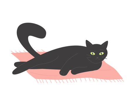 Black cat lying on mat. Lazy domestic kitten, cat stretching on floor cartoon vector illustrationのイラスト素材