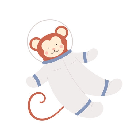 Cute monkey in astronaut costume. Jungle adorable ape exploring universe cartoon vector illustrationのイラスト素材