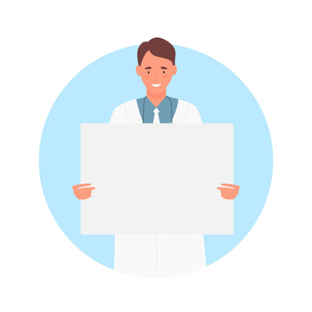Smiling doctor holding board. Young medical worker holds black cartoon vector illustrationのイラスト素材