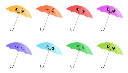 Cute umbrellas set vector illustration. Cartoon isolated funny faces of open parasol characters of different colors with various expressions, colorful baby emoji collection of autumn accessoryのイラスト素材