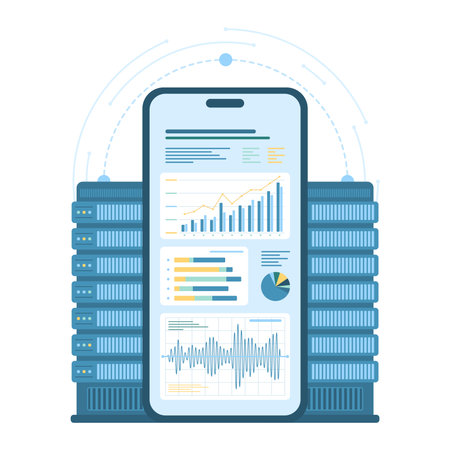 Business data monitoring with mobile app vector illustration. Cartoon isolated smartphone screen with infographic finance graphs and charts report for online analytics, analyzing statistics systemのイラスト素材