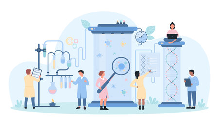 Epidemiology, study of microorganisms in laboratory vector illustration. Cartoon tiny scientists research microscopic bacteria and viruses in lab experiment, analysis by people with magnifying glassのイラスト素材