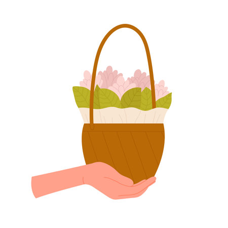 Hand holding a basket with flowers. Blooming spring pink flowers, gift bouquet cartoon vector illustrationのイラスト素材