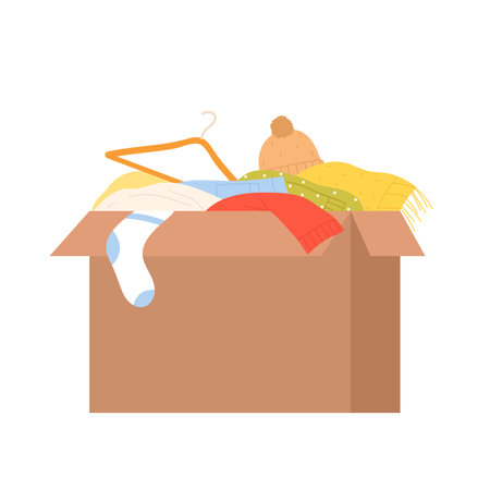Humanitarian clothes box help. Charity donation, humanitarian support aid cartoon vector illustrationのイラスト素材