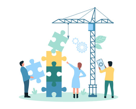 Teamwork construction, company cooperation vector illustration. Cartoon tiny people build puzzles tower from blocks, construct building with construction crane and making digital project togetherのイラスト素材
