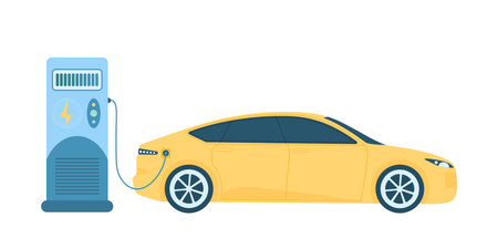Electric car charging station, electromobility vector illustration. Cartoon isolated EV vehicle recharges battery through cable and plug, parking and city charger stand for electro automobileのイラスト素材