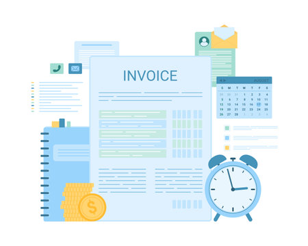 Invoice form, financial document for monthly payment by customer vector illustration. Cartoon isolated digital or paper bills to pay and return transaction, calendar and money, finance accountのイラスト素材