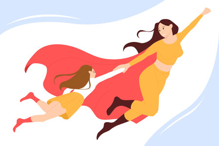 Mom superhero and motherhood vector illustration. Cartoon young mother in costume of super strong hero and red cape flying in sky with baby girl together, powerful supermom character with daughterのイラスト素材