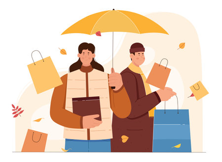 Autumn sales in shop vector illustration. Cartoon happy customers in warm clothes showing thumbs up, holding shopping bags for buying gifts with discounts for holidays, people on fashion store salesのイラスト素材