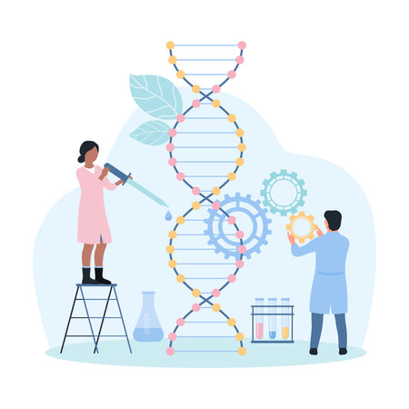 DNA research in medical laboratory, inheritance and genetic scientific projects vector illustration. Cartoon tiny scientists holding pipette with sample to study gene, helix of DNA molecule and gearsのイラスト素材