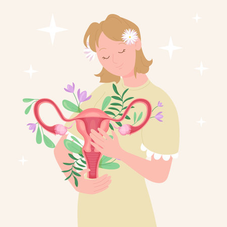 Care and support for health of female reproductive system vector illustration. Cartoon isolated happy woman holding in hands feminine organs in flowers, awareness of problems of gynecology, menopauseのイラスト素材