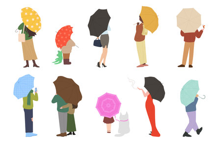 People with umbrellas, back view set vector illustration. Cartoon isolated female and male characters standing in rainy weather, cute children and adults walking and holding parasols under rainのイラスト素材