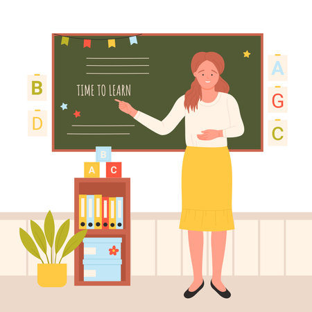 Primary school teacher standing at board in modern classroom interior vector illustration. Cartoon young woman teaching primary students at chalkboard on lesson, showing lettering Time to learnのイラスト素材