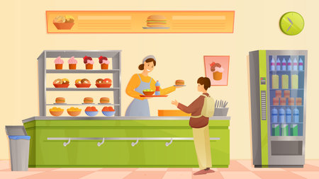 School canteen at lunch vector illustration. Cartoon woman behind counter holding tray with burger, salad and drink to give standing boy, foodcourt staff character serving food for hungry studentのイラスト素材