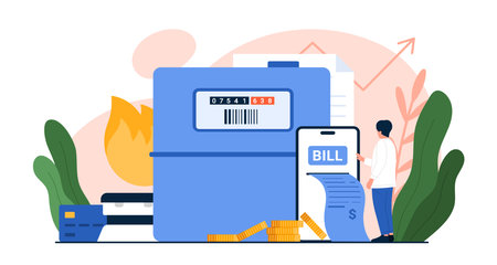 Payment of gas bill online vector illustration. Cartoon tiny customer paying invoice through mobile app in phone and bank account, monthly check of gas meter readings to pay gas consumption costsのイラスト素材