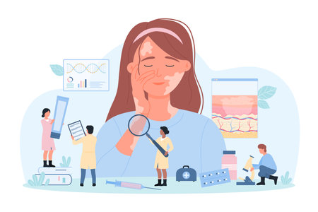 Diagnosis and treatment of vitiligo vector illustration. Cartoon tiny people with magnifying glass examine skin of giant happy woman with vitiligo, dermatologists treat autoimmune disease of epidermisのイラスト素材