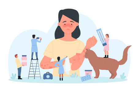 Allergy to pet fur vector illustration. Cartoon tiny people give tissue to girl with runny nose, antihistamine therapy and pills for treatment pain and inflammation, symptoms of cat hair intoleranceのイラスト素材