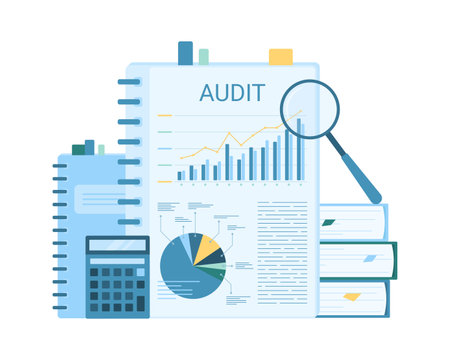 Business report analysis and audit vector illustration. Cartoon isolated many paper documents in folders, chart information for data investigation with magnifier, research and analytics of accountantのイラスト素材