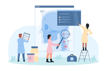 Orthopedic patients consultation due to neck pain vector illustration. Cartoon tiny people orthopedists with magnifying glass study cervical spine on medical anatomy chart, digital spinal xray scanのイラスト素材
