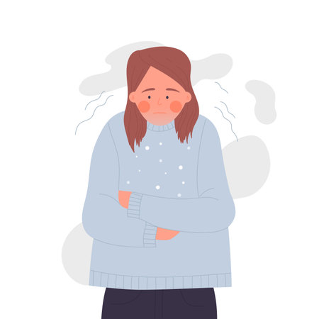Sad girl feeling cold temperature. Shivering young girl, feeling hypothermia cartoon vector illustrationのイラスト素材