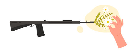 Hand putting flowers in rifle weapon. Gun shooting flower, spreading love and peace cartoon vector illustrationのイラスト素材