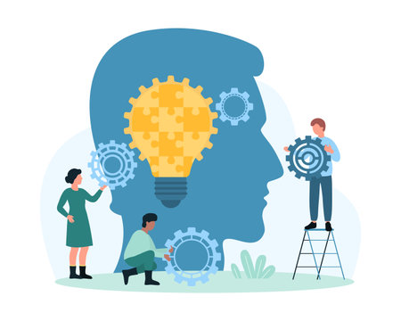Critical thinking for problem solving vector illustration. Cartoon tiny people work with gears and light bulb from puzzle pieces in abstract head, innovation critic skill to find creative solutionのイラスト素材