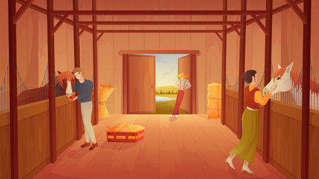Horse stable interior with people and farm animals inside stalls vector illustration. Cartoon woman and man feed and care for horses in wooden barn, ranch house with open door to summer landscapeのイラスト素材