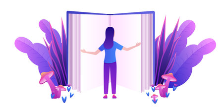 Cartoon tiny woman reading an open fantasy huge fantasy book isolated vector illustrationのイラスト素材