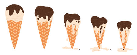 Ice cream choco melts set, sequence game animation of melting frozen chocolate sundae ball in waffle cone. Animated stages of dripping soft ice cream, melted dessert cartoon vector illustrationのイラスト素材