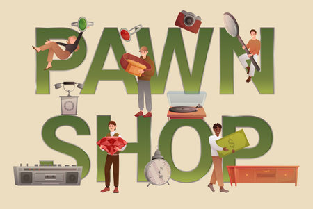Pawnshop banner, poster design. Tiny people buy and sell antique or jewelry in store of pawnbroker, holding expensive item and magnifying glass near text of Pawn shop, cartoon vector illustrationのイラスト素材