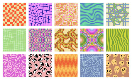 Groovy psychedelic pattern set. Funky artistic hippie background collection with waves on checkerboard print, liquid twirls and swirls, surreal eyes and emoji faces melt cartoon vector illustrationのイラスト素材