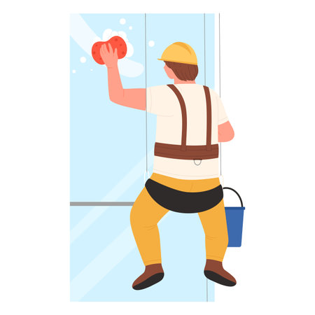 Cleaning service working at height. Window washer industrial climber cartoon vector illustrationのイラスト素材