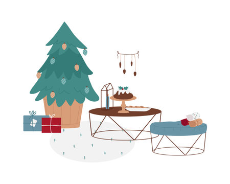 Christmas holiday interior. Xmas tree and gifts, winter warm atmosphere cartoon vector illustrationのイラスト素材