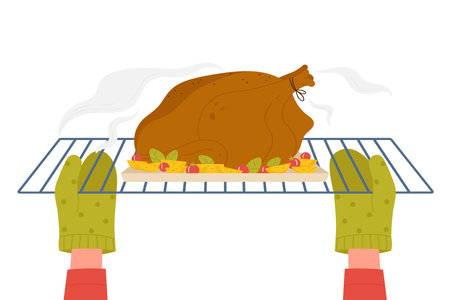 Cartoon chef cooking food for Thanksgiving dinner background. Hands in safety gloves holding bowl form with turkey and potatoes to roast, front view of open door of electric oven vector illustration.のイラスト素材
