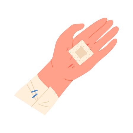 Damaged hand with medical plaster. First aid for injured hand, emergency help cartoon vector illustrationのイラスト素材