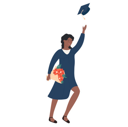 Happy graduate student vector illustration. Cartoon flat young african american black female jumping with cap, flowers in hands, celebrating graduation educationのイラスト素材