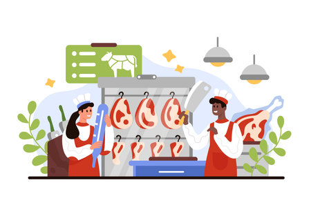 Beef aging process in butchery, steak production and storage. Tiny butchers holding thermometer to control temperature in rack with aged beef cuts, man cutting meat cartoon vector illustrationのイラスト素材