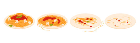 Eating spaghetti with tomato sauce, basil and mushrooms, sequence game animation set. Animated steps of eaten Italian food, plate with pasta, half full and empty bowl cartoon vector illustrationのイラスト素材