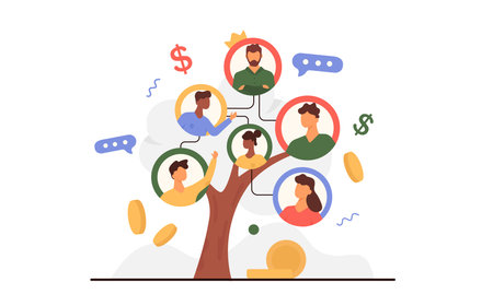 Organization of teamwork in corporate team, management and development of work groups. Employees in circle portraits on company tree branches building cooperation, metaphor cartoon vector illustrationのイラスト素材