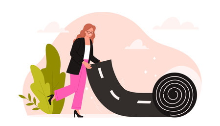 Businesswoman career planning and skills growth. Woman unrolling carpet of highway road to make future career, create own unique way and begin professional success cartoon vector illustrationのイラスト素材