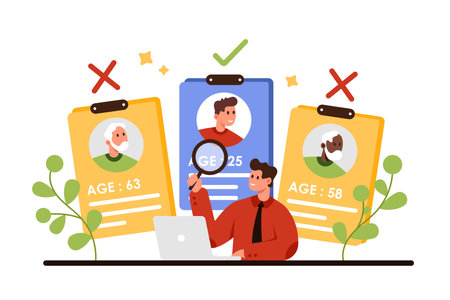 Age discrimination, ageism problem of society. Tiny HR manager with prejudice towards older candidates for vacancy, studying resume of employees through magnifying glass cartoon vector illustrationのイラスト素材