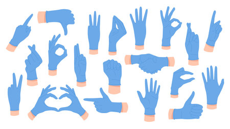 Different gestures of doctors hands in blue rubber gloves set. Body language collection of arms in protective gloves point up and down, count numbers with fingers cartoon vector illustrationのイラスト素材