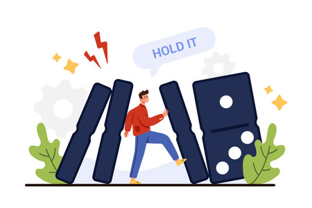 Proactive crisis management, change failure situation and solve business problem. Tiny man holding falling domino blocks to impact financial crisis and company collapse cartoon vector illustrationのイラスト素材